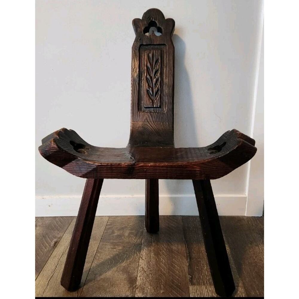 MCM Spanish Brutalist Hand Carved Primitive Wood Solid Oak w Patina Tripod Chair